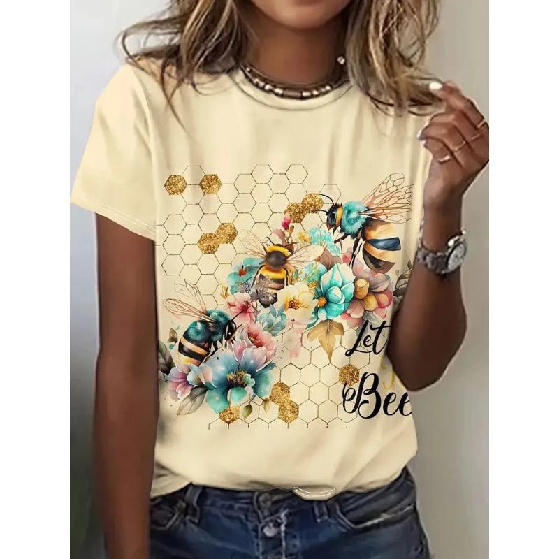 Summer Round Neck 3D bee Pattern Print Top Fashionable Casual Short Sleeved Women's T-shirts