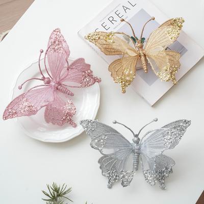 1 peça 25cm simulação malha glitter decoração borboleta pingente decoração árvore de Natal decoração sala de estar enfeite árvore de Natal