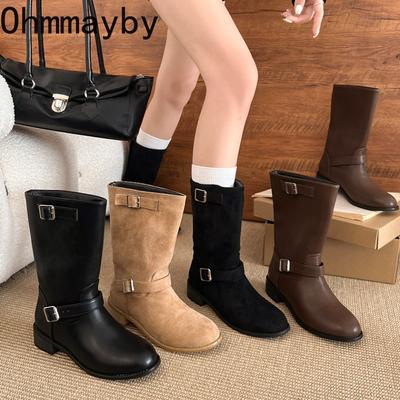 Winter Street Style Gürtelschnalle Damen Ritterstiefel Elegant Niedrig Absatz Schuhe Damen Slipper Mid-Calf Stiefeletten De Muje