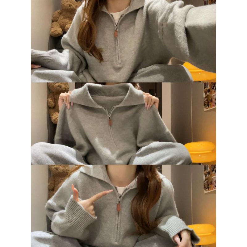Korean Retro Loose Long Sleeve Polo Knit Top - Women's Autumn Winter Half-Zip Sweater