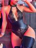 S-Xxl Halter Backless Lace Transparent Swimsuit Tight Faux Pu Leather High Cut Thong Bodysuit Sexy Clubwear Body Teddies Leotard