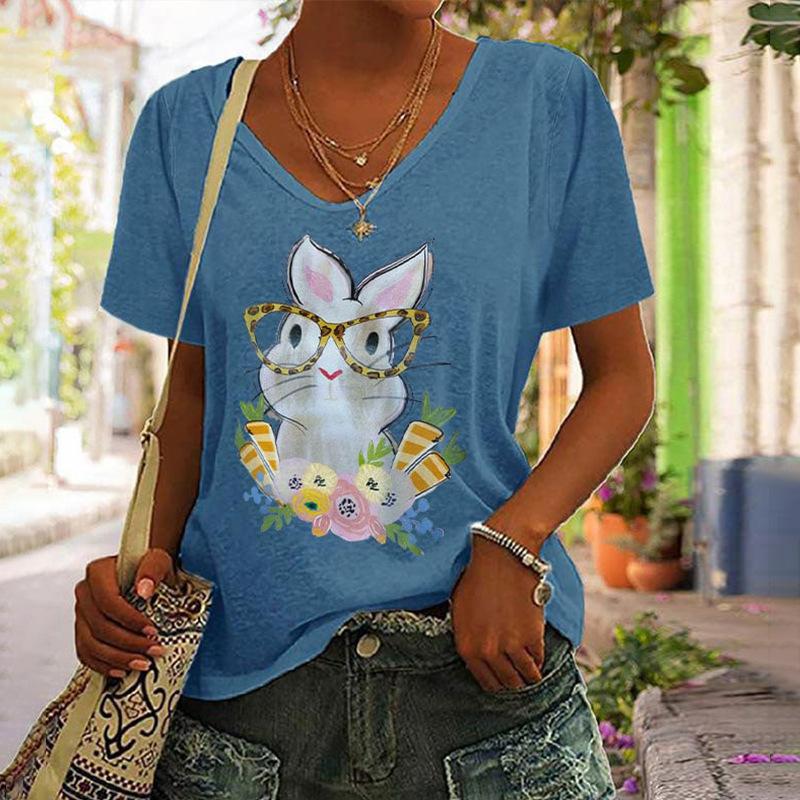 Summer V-neck 3D Rabbit Printed Top Fashionable Casual Short Sleeved Women's T-shirts