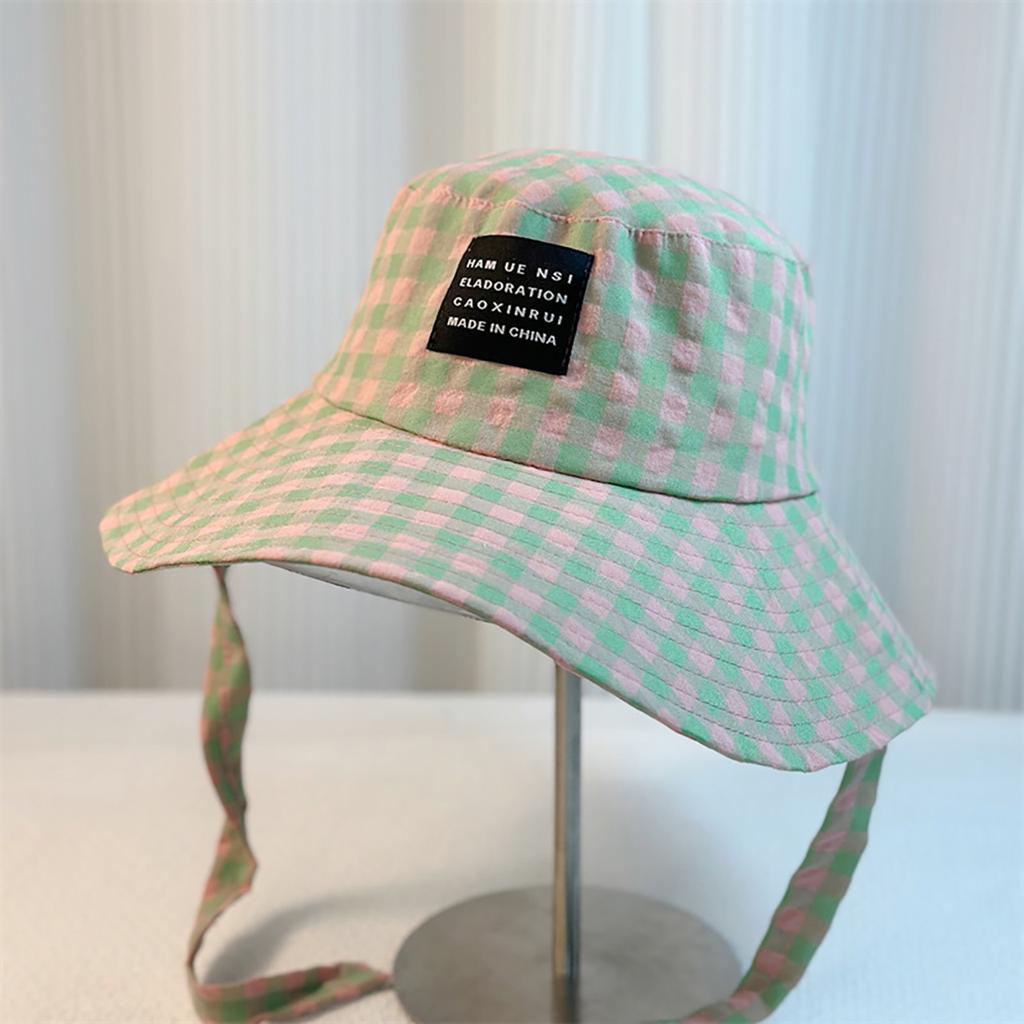 Women Plaid Lace-Up Fisherman Hat Spring Summer Wide Brim Sun Protection Hats Japanese Girl Outdoor Travel Beach Sunshade Caps