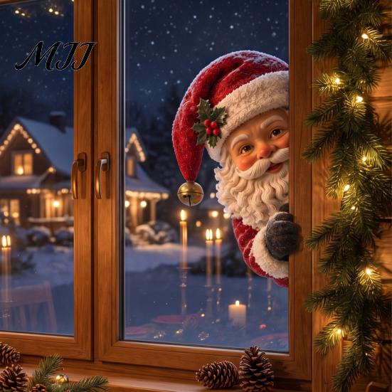 Peeking Christmas Window Decor Vintage Decor, 3D Carved Santa Reindeer Holiday Themed Party Ornament with Hidden Suction Cup, Glass Decoration