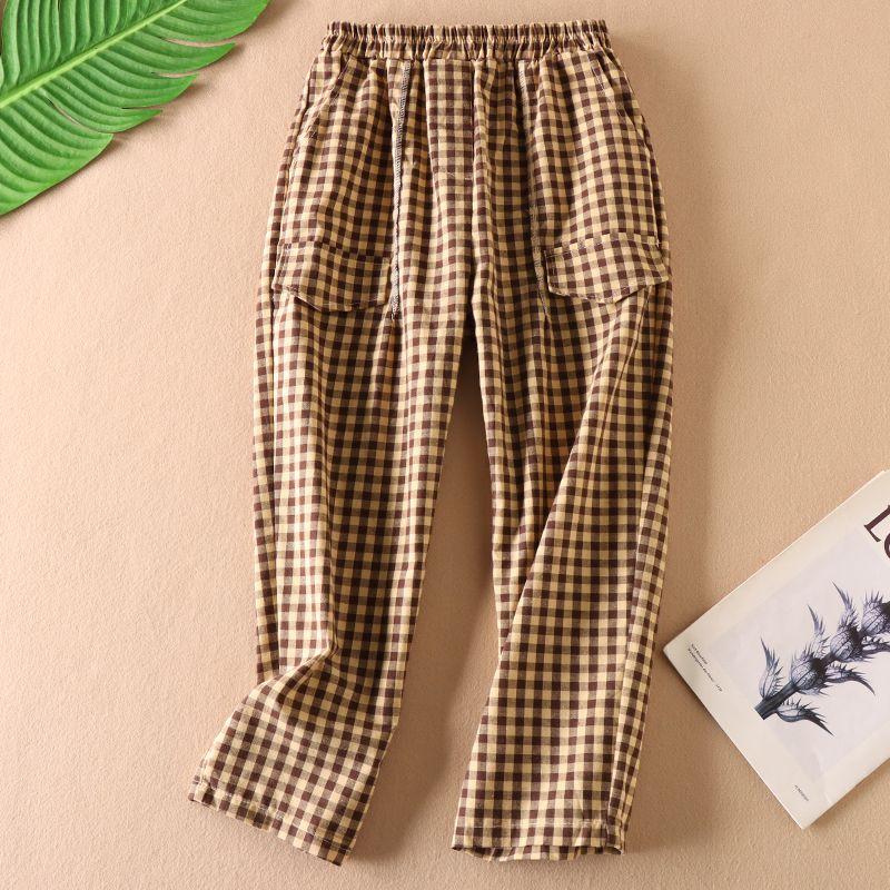 

Artsy Cotton and Linen Casual Pants for Women Spring Retro Small Gingham Large Pocket High Waist Cropped Harem Pants Wc3104 Khakis L