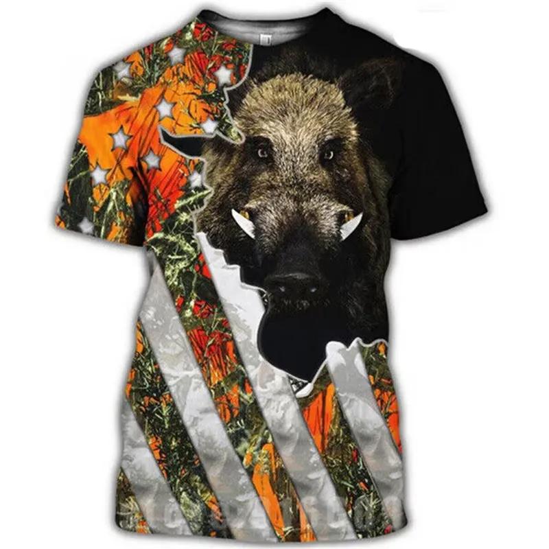 Wild Boar Hunting Themed Jungle Scenery 3D Print Short Sleeve T-Shirt Casual Outdoor Top