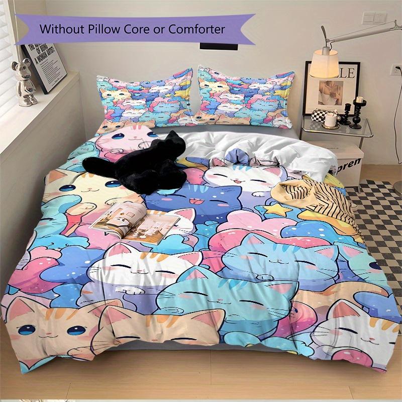 3pcs Cats Pastel Bedding Cover Set, Fashion Classic Popular Print Bedding Set, Soft Comfortable, All Season Use, For Bedroom, Guest Rooma0819139
