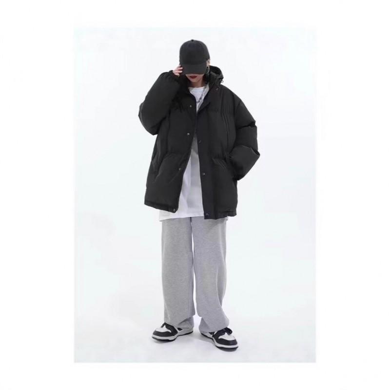 Unisex Black Puffer Jacket Winter Warm Hooded Cotton Coat Casual Oversized Outerwear Men Women