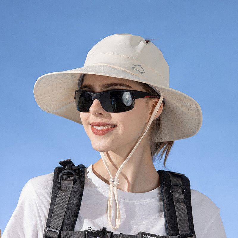 

8552 Outdoor Sun Protection Hat Fishing Hiking Spring and Summer Ventilation Cap Children Big Brim Sun-Proof Ponytail Bucket Hat Champagne Rice