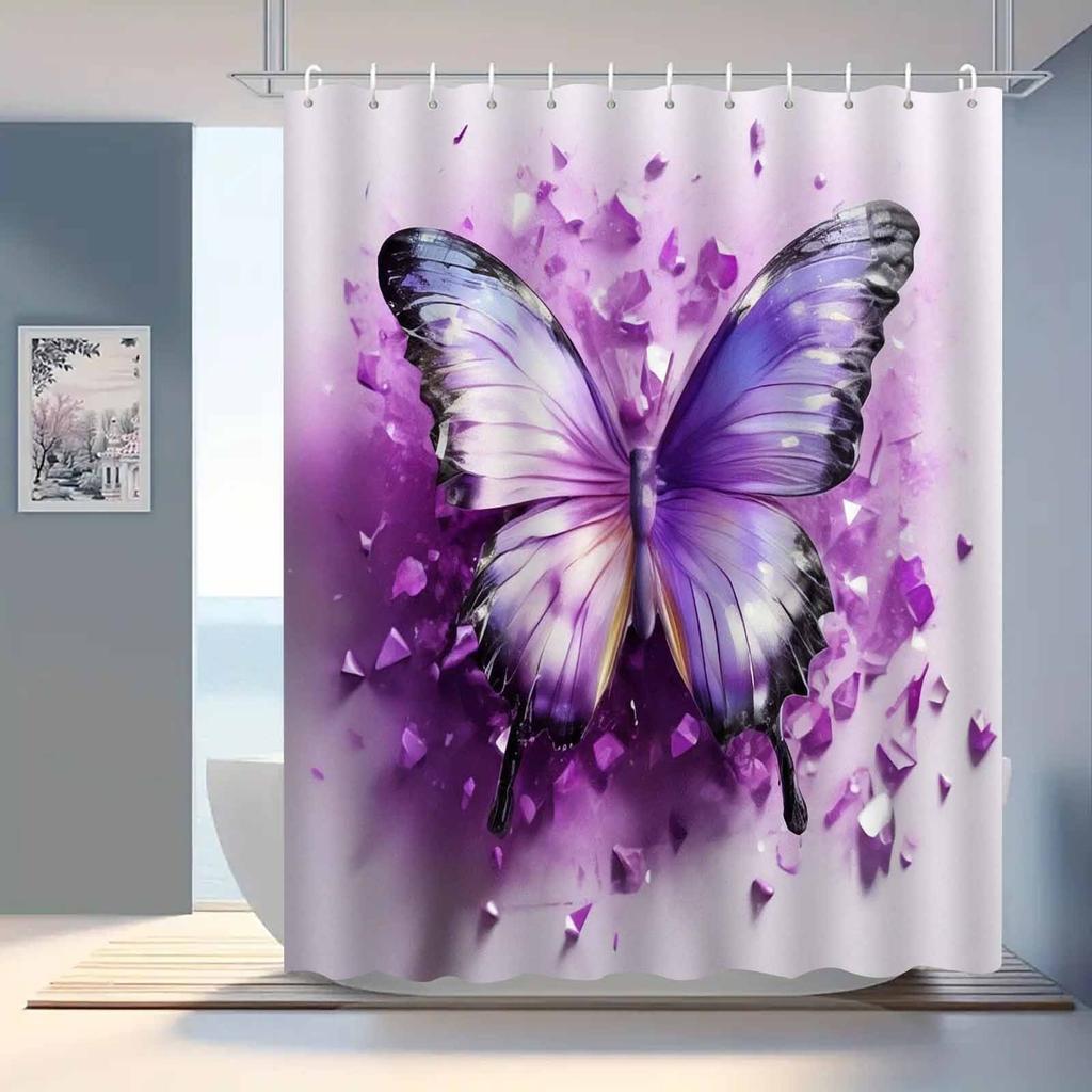 Schöner Lila Schmetterling Duschvorhang Waschbar Schmutzabweisend Duschkopf Wasserdicht Polyester Badevorhang Für Heimdekoration