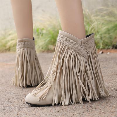 Moda 2025 Moda Otoño Invierno Nuevo Étnico Mujer Bohemio Flock Borla Mocasín Oculto Botines Botas Flecos Femenino Zapatos Slip On