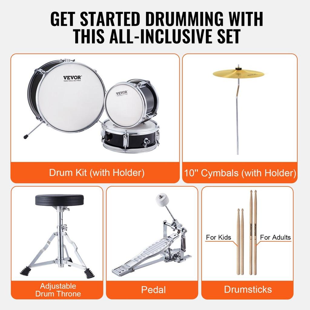 Kids Drum Set 3-Piece 14 in Beginner Drum Set for Child with Throne Black
