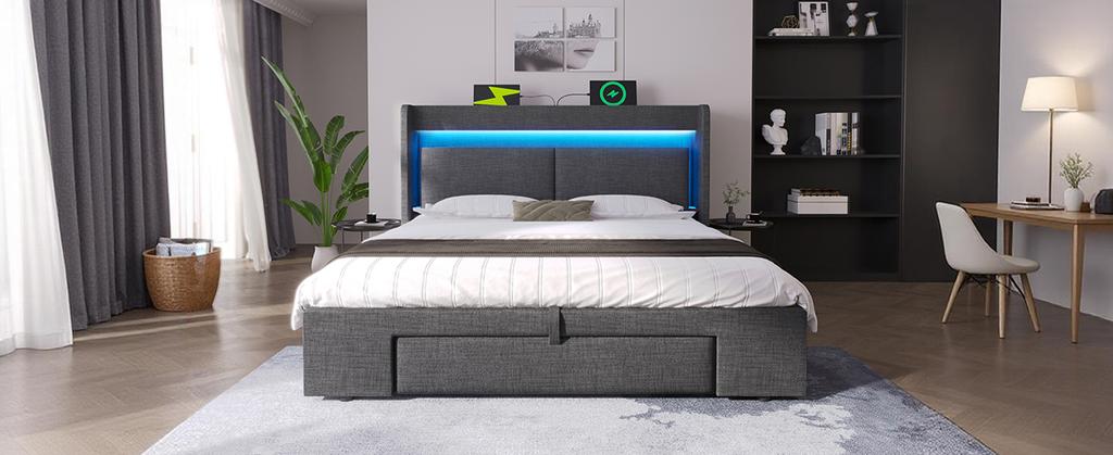 Upholstered Bed 160x200 Cm with Hydraulic Storage, Headboard Compartment, LED Lighting, USB & USB-C Port, Wood Slat Frame, Grey, Linen, No Mattress