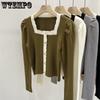 Women spring autumn vintage Long Sleeve Jumper Spliced Square Neck Soft Comfortable Slim Button Decoration Front Knit Sweater