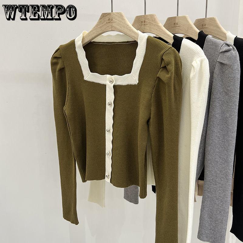 Women spring autumn vintage Long Sleeve Jumper Spliced Square Neck Soft Comfortable Slim Button Decoration Front Knit Sweater