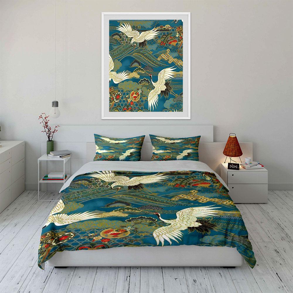 Japanese Crane Pattern Decor Set Bedding Set with 1 Duvet Cover 2 Pillowcases Single Double King Queen, Gift