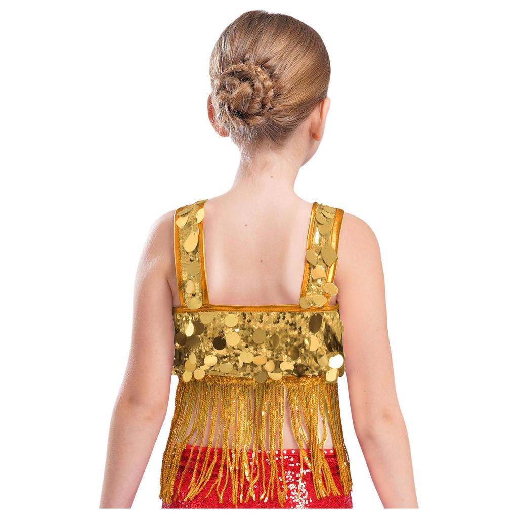 Dívčí taneční crop top se širokými ramínky a třásněmi z lesklých flitrů pro jazzové párty vystoupení