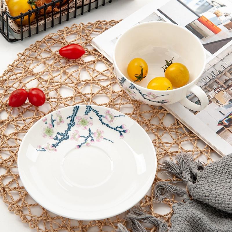 Kávový šálek s podšálkem z jemného kostního porcelánu s motivem kvetoucí švestky 300ml, barevné květiny, porcelánový čajový šálek s podšálkem