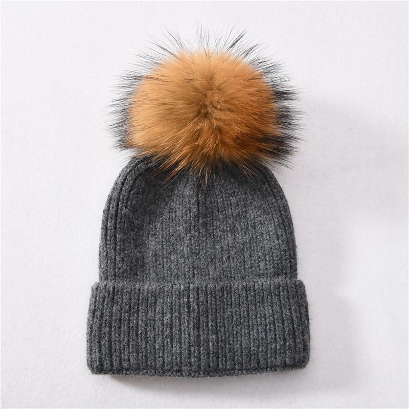 Jaxmonoy Kaschmir-Strickmütze, große Beanie-Mütze mit echtem Waschbärfell und Bommel, hochwertige, warme Mütze, Damenmütze
