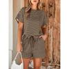 Women 2 Piece Casual Set, Striped Short Sleeve T-shirt and Drawstring Shorts, Fashion Daily Matching Outfit