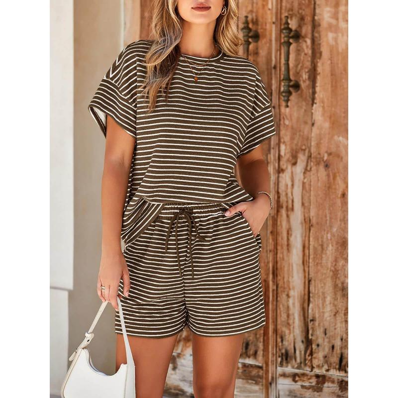 Women 2 Piece Casual Set, Striped Short Sleeve T-shirt and Drawstring Shorts, Fashion Daily Matching Outfit