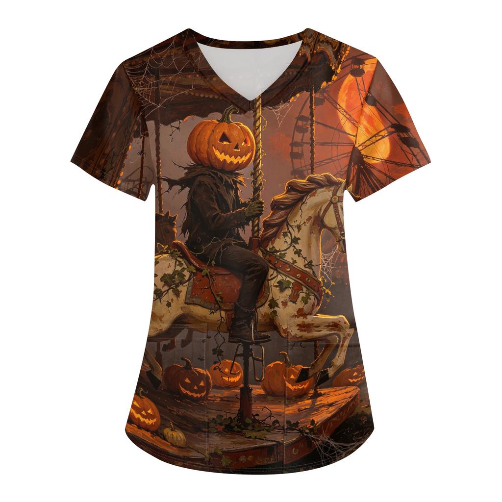 Damski top medyczny na Halloween z nadrukiem, dekoltem V, krótkim rękawem i kieszeniami