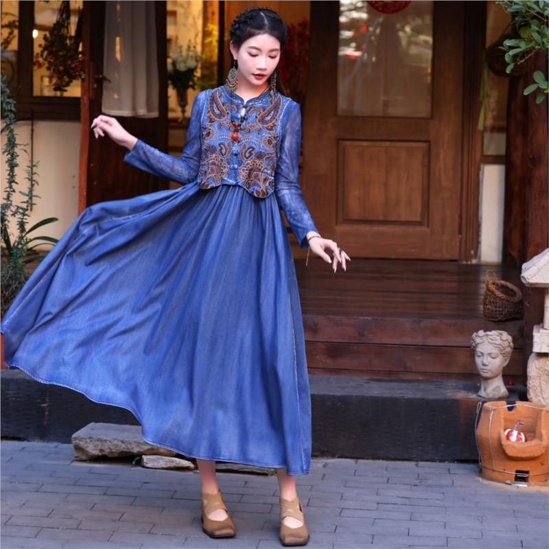 Johnature Kvinne Vårbroderi Personlighet Cowboy Ermeløs Kjole Kinesisk Stil Vintage Retro Nisje A-Line Kjole