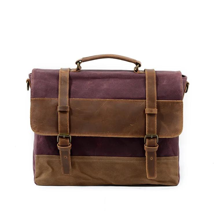 Waterproof Oil Wax Canvas with Leather Briefcase Retro Business Men's Bag Shoulder Messenger Portable Patchwork Bag
