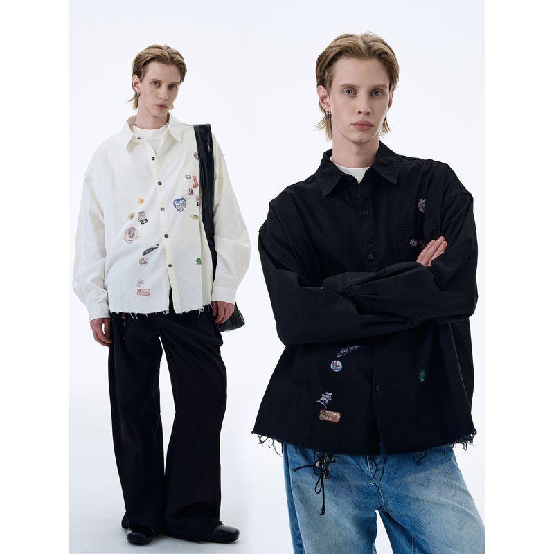 Kisko Design-Inspired American-Style Sticker Print Frayed Long-Sleeve Shirt for Men and Women, Trendy Brand, Cool and Loose-Fitting Shirt Jacket