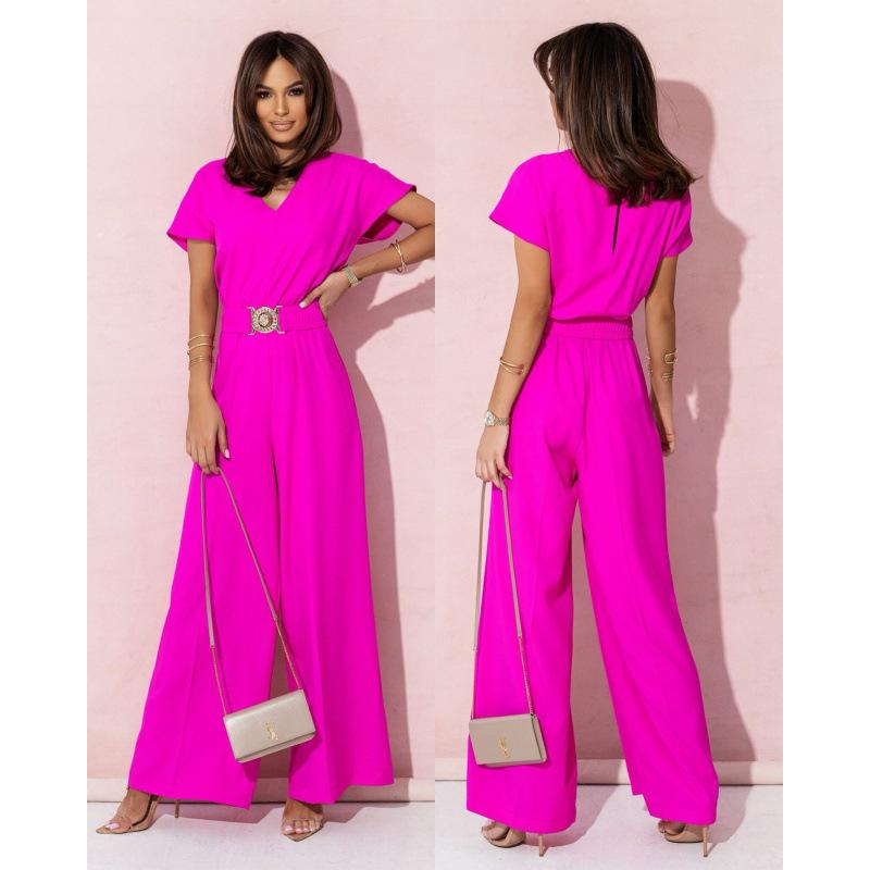 2024 Summer V-Neck Wide Leg Short Sleeve Jumpsuit