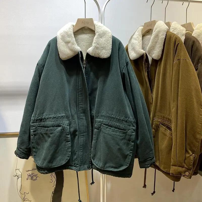 Płaszcze dla Kobiet Zimowa Kurtka Bawełniana Pogrubiona Aksamitny Kołnierz z Futra Talia Ściągana Luźny Casualowy Płaszcz Top