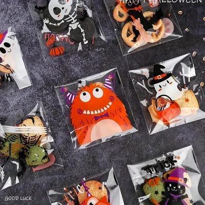 100Pcs Halloween Plastic Candy Cookies Gift Bag Self Adhesive Snack Wrap Bag Halloween Party Decorations Gifts