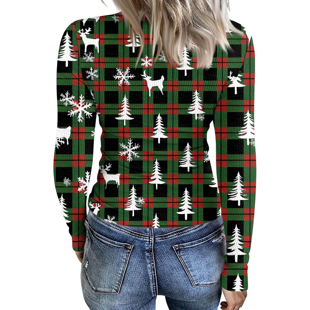 Dámské zimní přiléhavé základní tričko Módní vánoční potisk Výstřih do V Pulovr Top s dlouhým rukávem