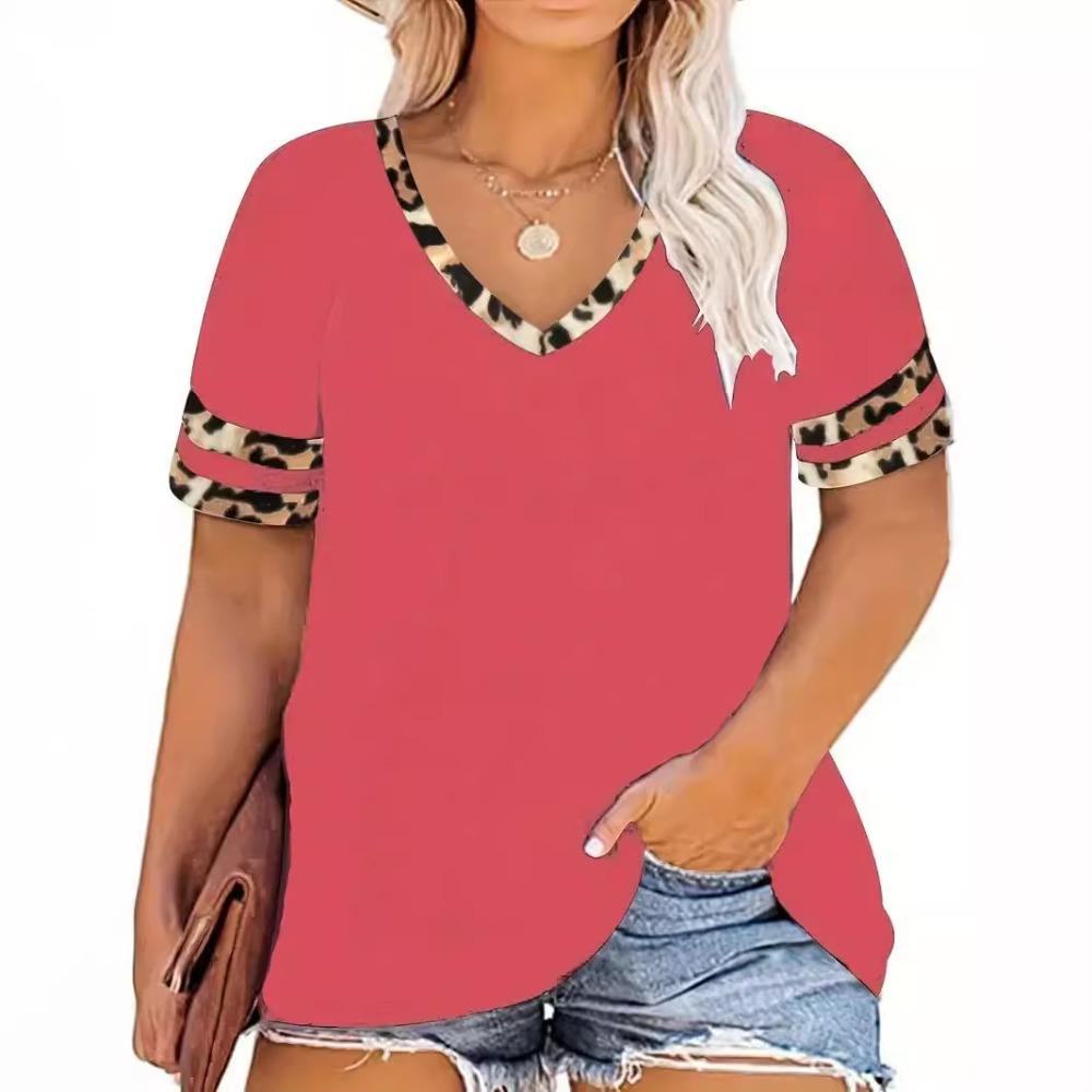 Amazon's new women's crew neck shoulder plug contrasting short-sleeved V-neck T-shirt is casual and versatile