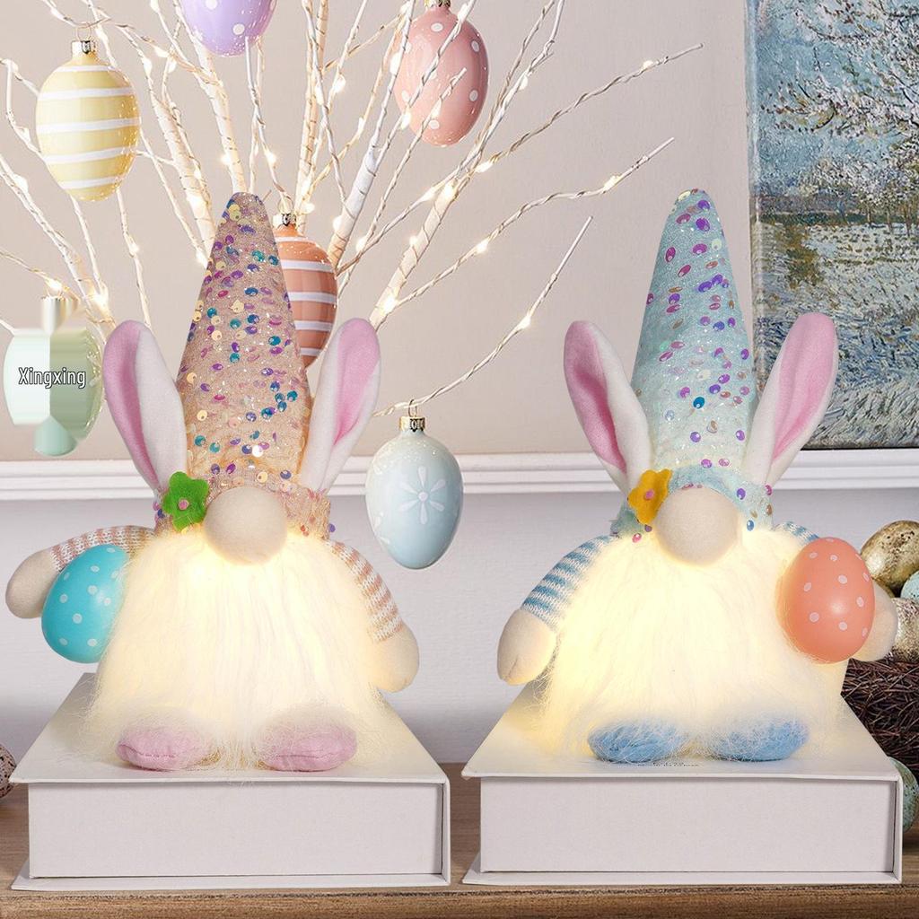 Easter Light-Up Rabbit Doll with Sequin Hat & Colorful Egg Decoration