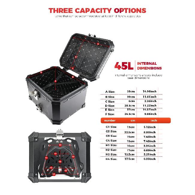 45L Universal Black Rear Luggage Case Waterproof Helmet Box Motorcycle Tail Storage Box Aluminum Alloy Motorbike Trunk Tail Box