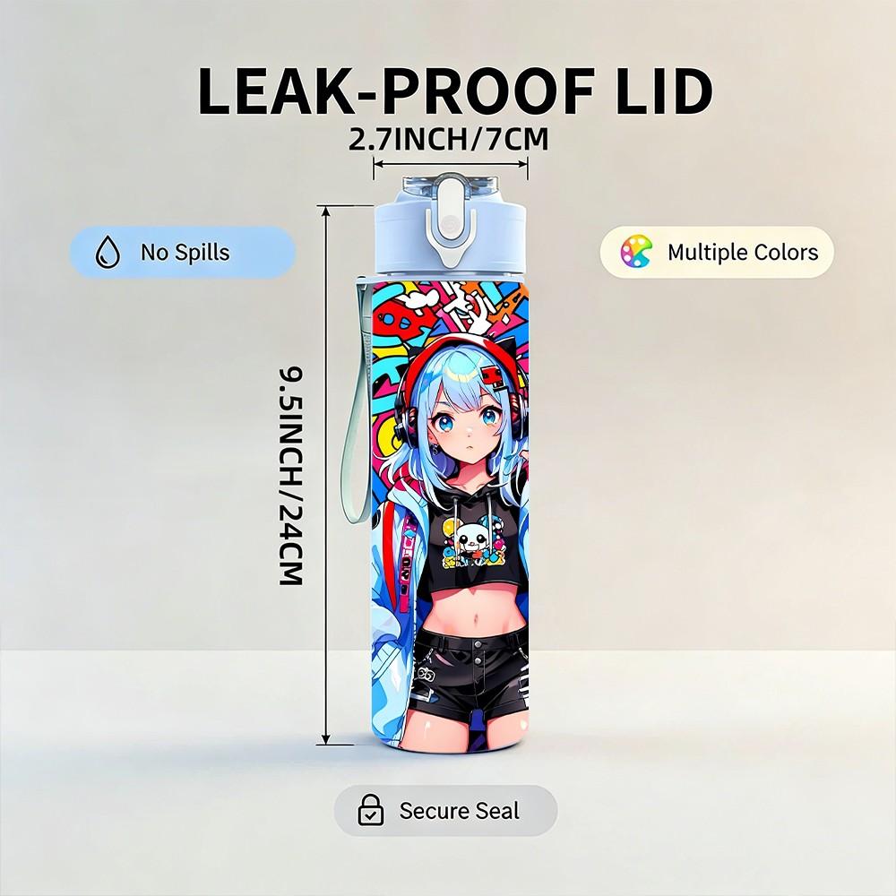 1PC Futuristic Cyber Girl Anime Character Art 750ml Color Plastic Sports Water Bottle Leakproof Flip Straw Lid Suitable for Sports Office Home Use