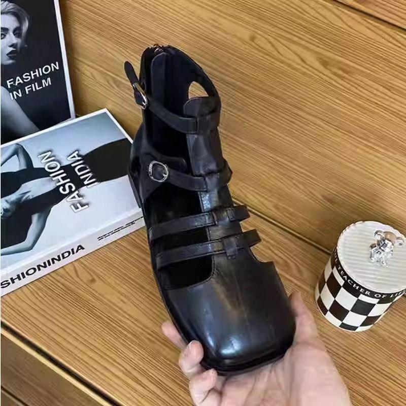 Summer High-quality Women's Shoes, Fashionable Solid Color Low-heeled Square Toe One-line Buckle Zipper Women's Toe-cap Sandals