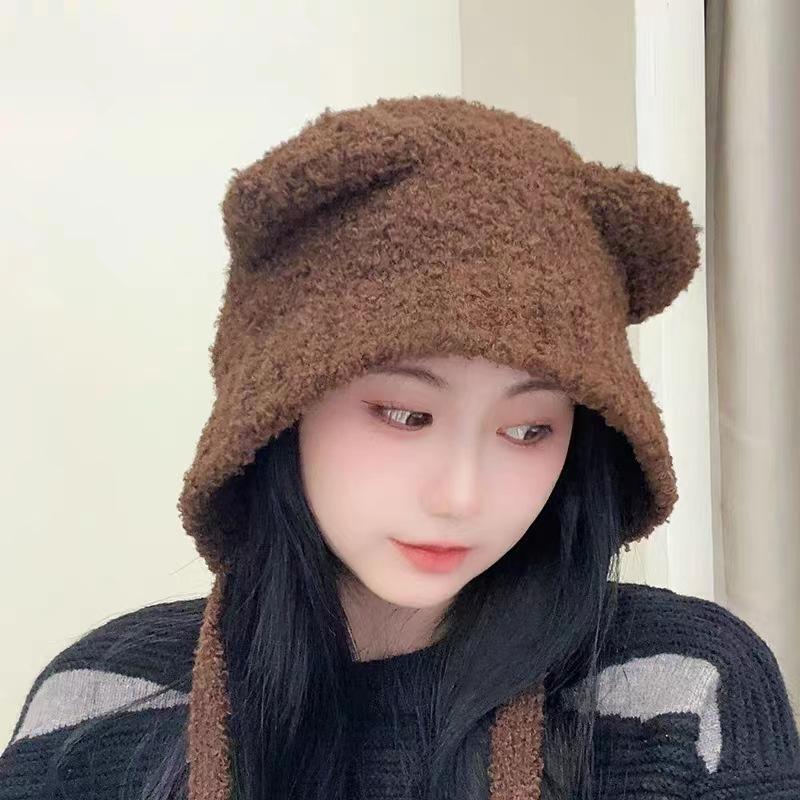 Bear hat women's autumn and winter warm ear protection knitted hat big head circumference show face small bucket hat