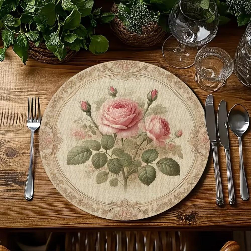 Anti-scald Flower Linen Table Mat Anti-slip Round Dining Mat Party Table Decoration
