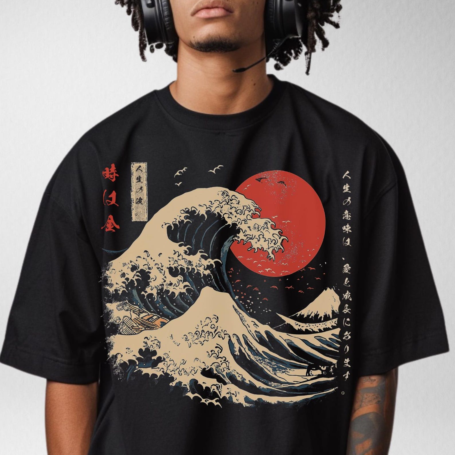 Japanese Great Wave of Kanagawa Oversize Deep Drop Shoulder Tee, Japan Streetwear Fashion, Japanese Aesthetic, Tokyo Wave Shirt L
