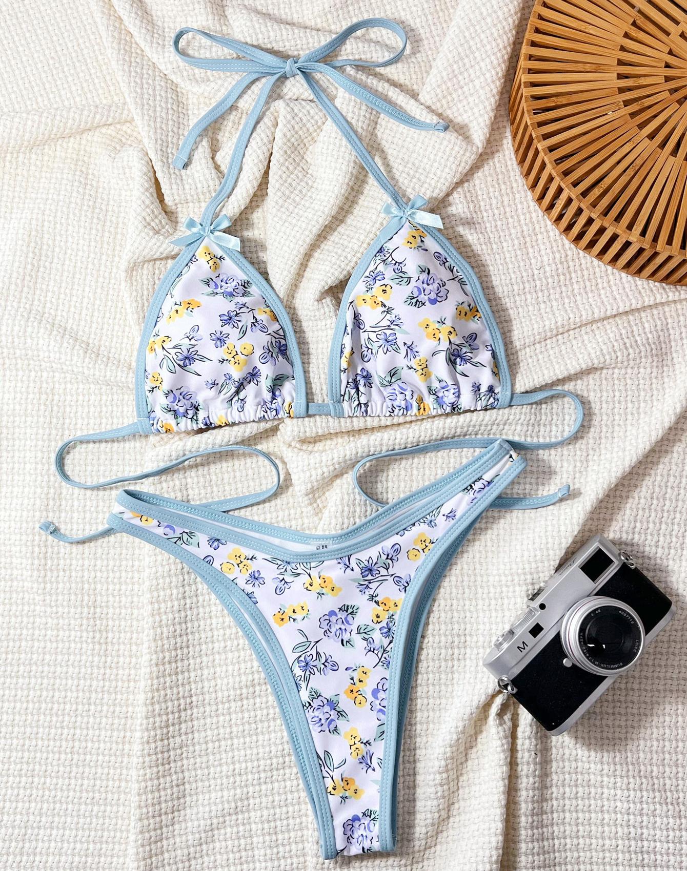 

Женский купальник с принтом, бретелькой через шею, поясом на спине, комплект бикини, пляжная одежда, купальные костюмы S синий