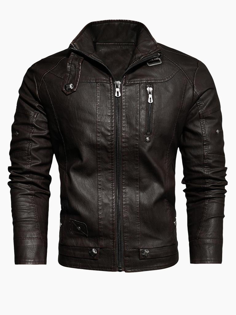 Herren Europäische & Amerikanische Slim Fit PU-Leder Motorradjacke mit Stehkragen und Plüschfutter