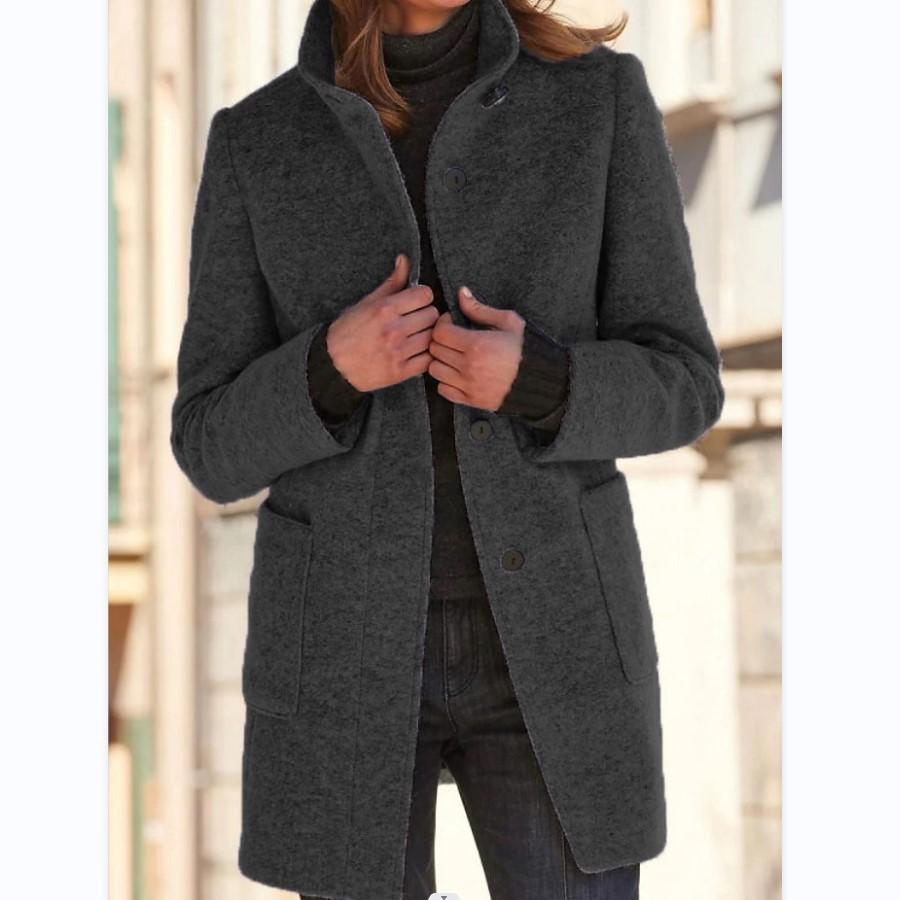 Casual Solid Color Stand-Neck Jacket with Print Design and Pockets for Autumn/Winter