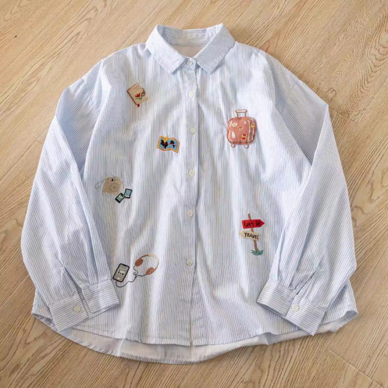 Spring 2026 Slimming Striped Children's Literary Style Women's Embroidered Long Sleeve Shirt