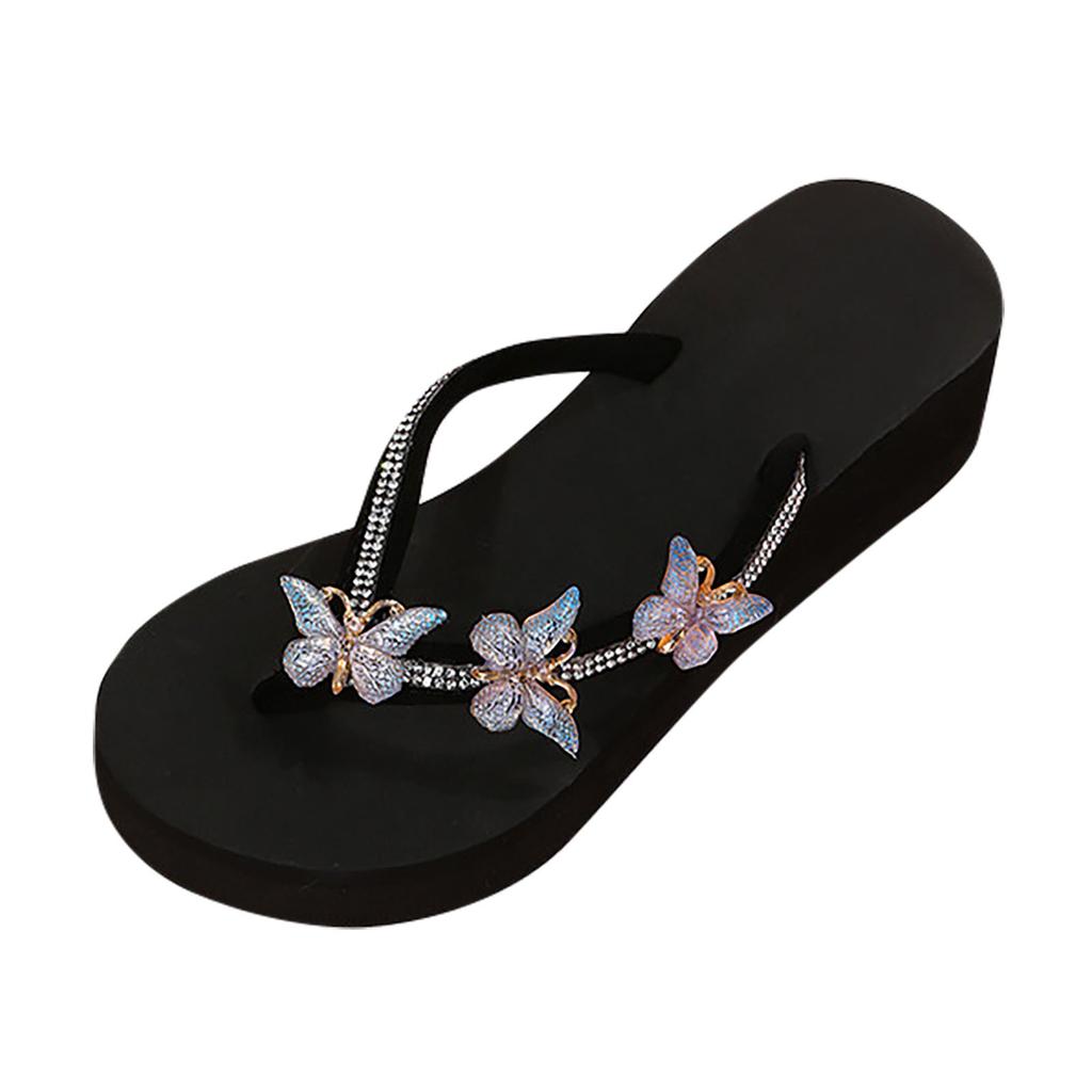 Summer Fashion Rhinestone Ladies Holiday Rubber Sole Beach Wedge Flip Flops