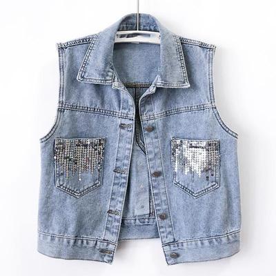 Fashion Design Sequins Denim Vest Summer Autumn Women's Waistcoat Korean Leeveless Denim Jeans Jacket Female Vest Tops