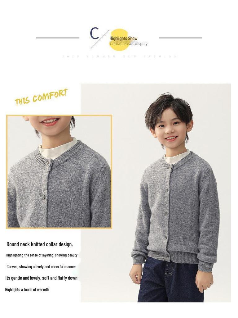 Kids' Pure Wool Round Neck Cardigan - Autumn & Winter Thick Sweater for Boys & Girls