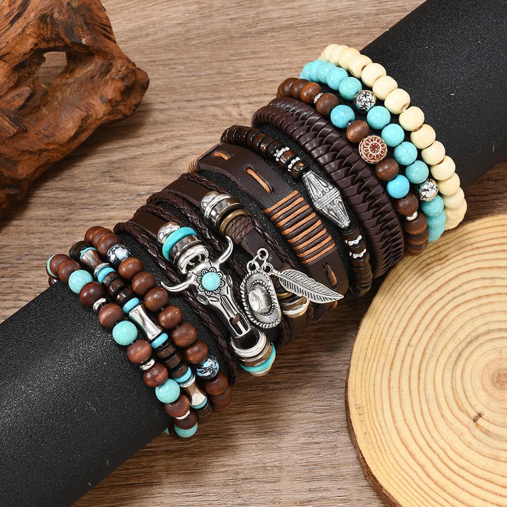 Sombrero Vaquero Retro Cabeza de Toro y Set de Pulsera de Cuero Tejida a Mano Multicapa (11 piezas) para hombres