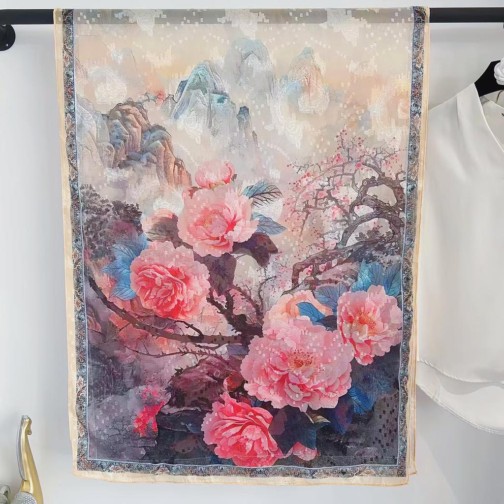 Simulationsseide Mode Blume-Schnitt Seidenschal Damen Einseitig Zweifarbig Blume Retro Schal